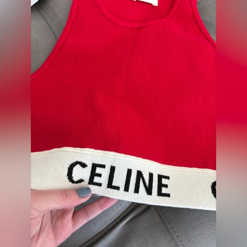 Celine Red Graphic Print Scoop Neck Crop Top Size S Logo Top - Picture 8 of 16
